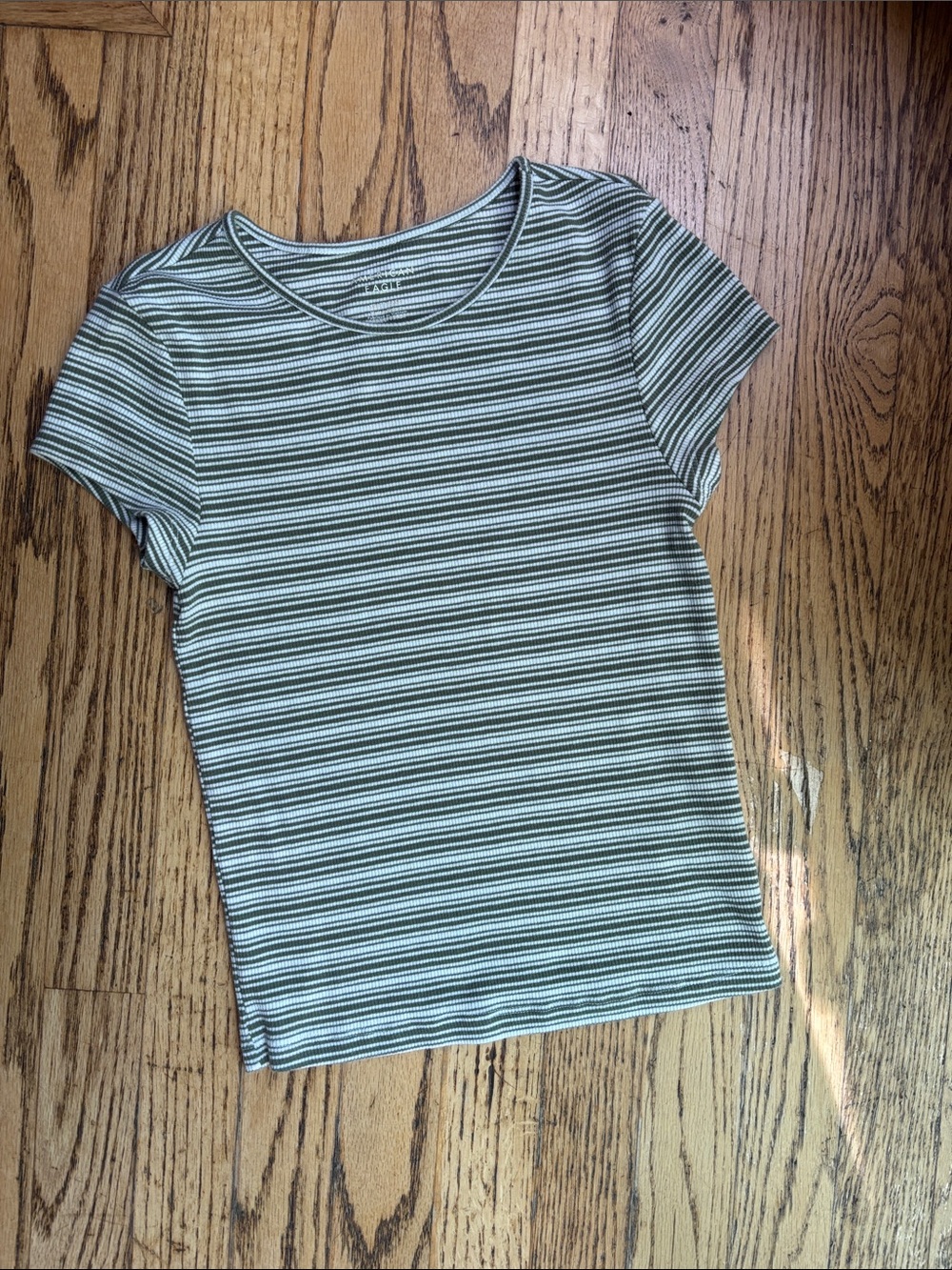 American Eagle Outfitters Olive & White Striped Short Sleeve Tee